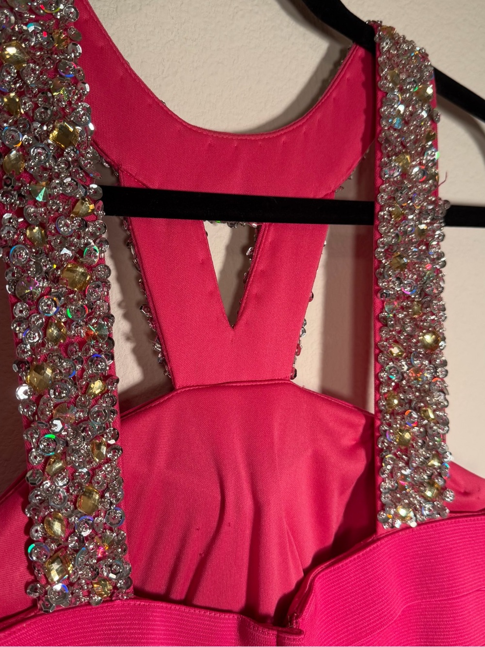 Sherri Hill Hot Pink Bandage Dress, Rhinestone Straps, Cocktail Homecoming Party - Picture 6 of 10